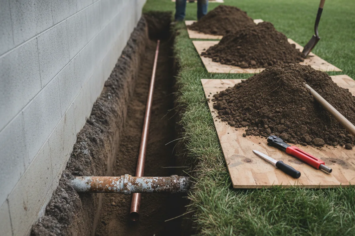 Excavated water line trench during Sewer Line Repair in West Alexandria